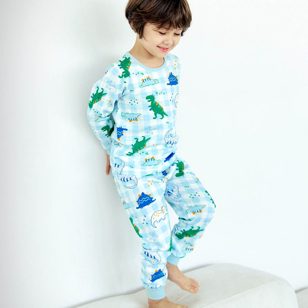 細緻柔棉薄長袖家居服-格子手繪恐龍-水藍