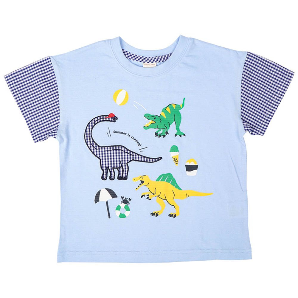 短袖T恤 格紋袖-兒童-淺藍色