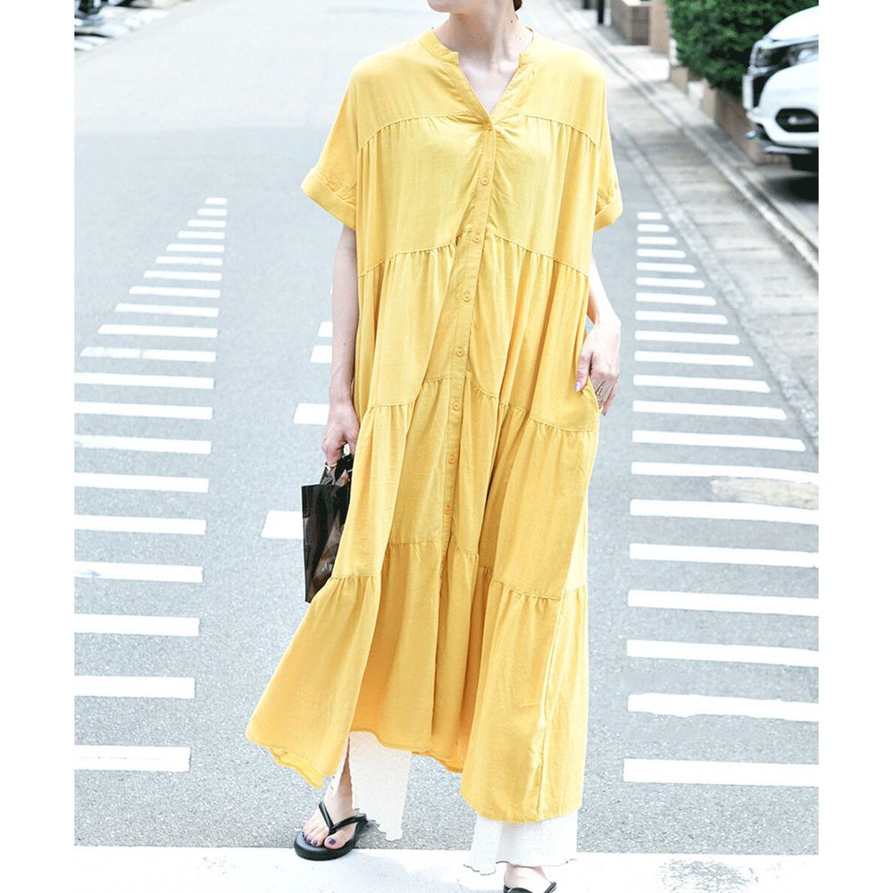 日本 Bou Jeloud - 蛋糕層次短袖襯衫長洋裝-黃