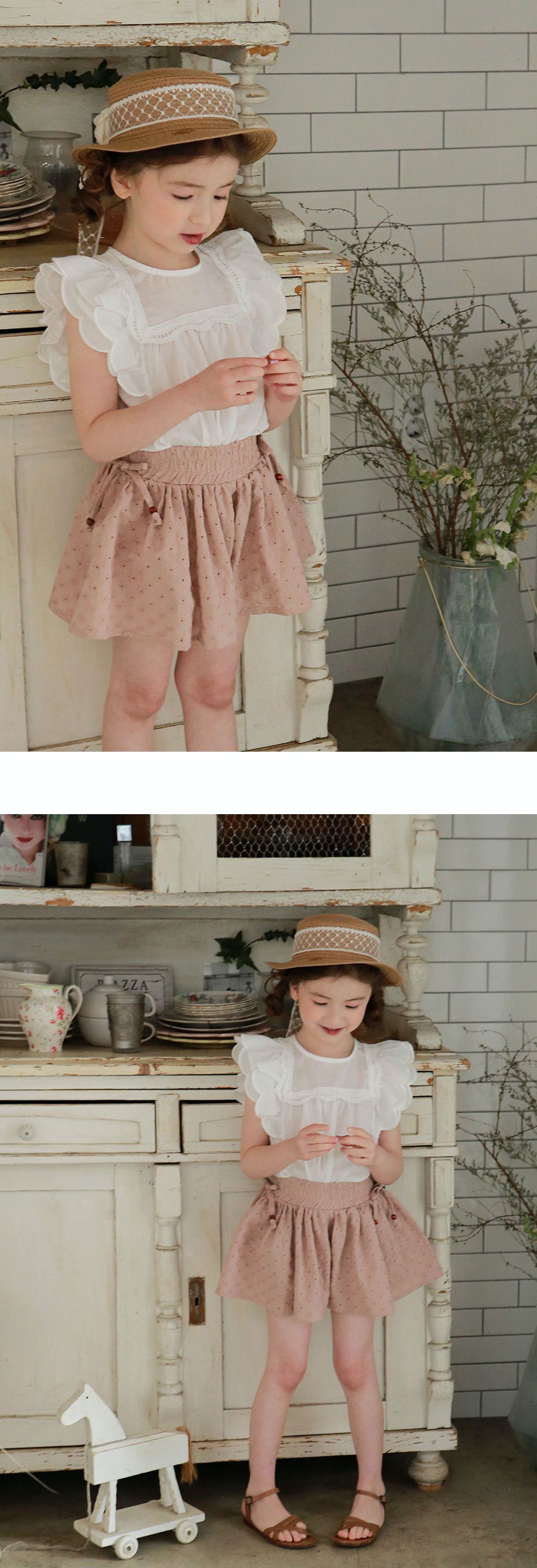 韓國 PuellaFLO - 刺繡後空花朵寬褲裙-藕粉