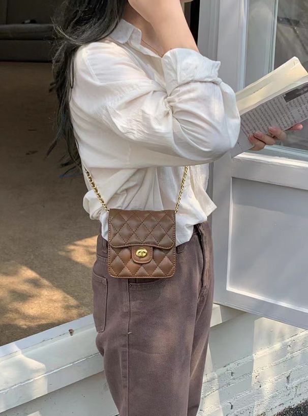 日本 GRL - 菱紋方型金屬鏈小包/側背包-米杏 (F)