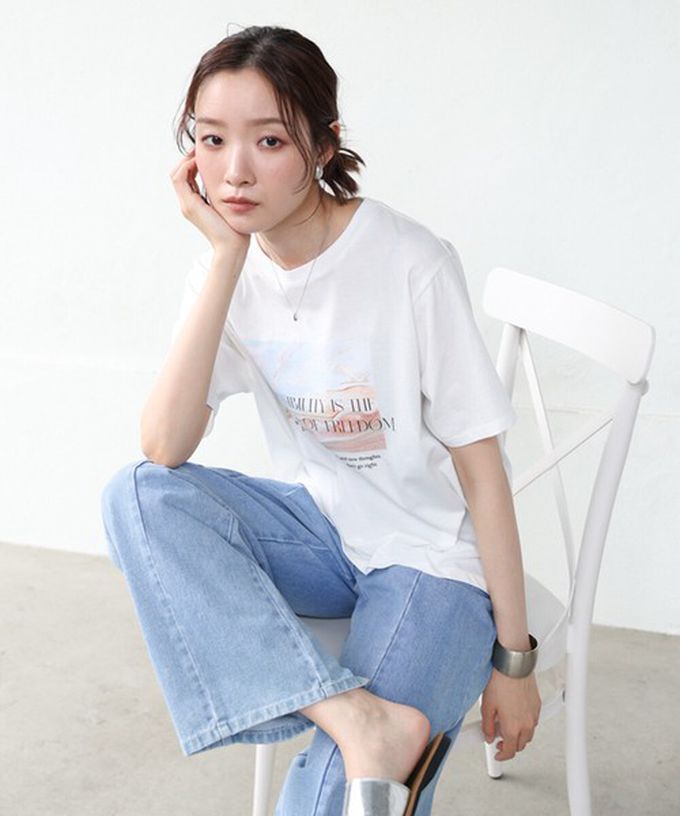 日本 Bab - 100%棉 俐落光影印花短袖T恤-白 (M)