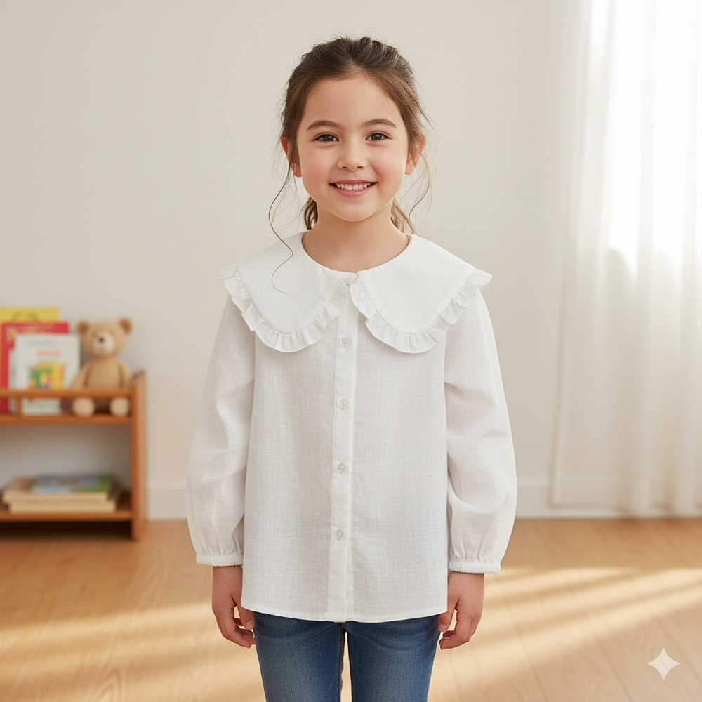 長袖襯衫-大領子-米白色