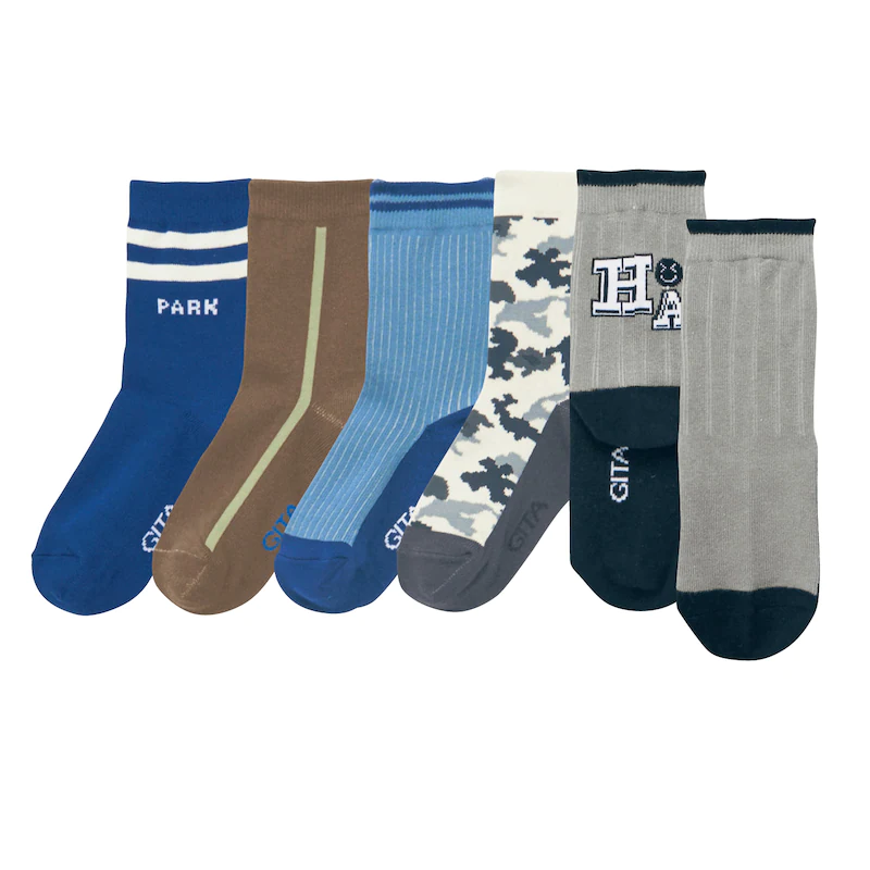 日本千趣會 - GITA 超值中筒襪五件組(鞋底深色設計)-迷彩線條-藍米灰