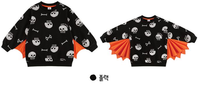 韓國 WALTON kids - 萬聖節骷髏頭印蝙蝠大學T-黑