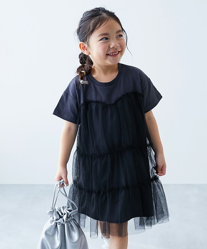 日本 devirock - 柔軟薄紗拼接甜美短袖洋裝-黑