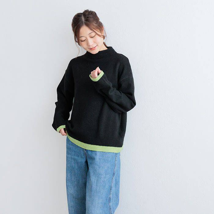 日本 ihuu - 下擺撞色立領針織毛衣-芥黃x杏