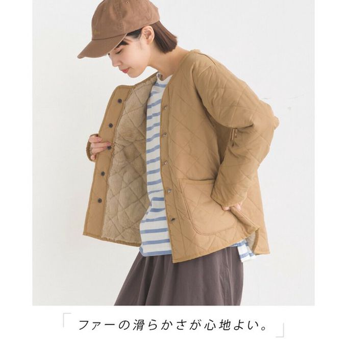 日本 OMNES - 超柔厚刷毛高密度衍縫圓領外套-杏