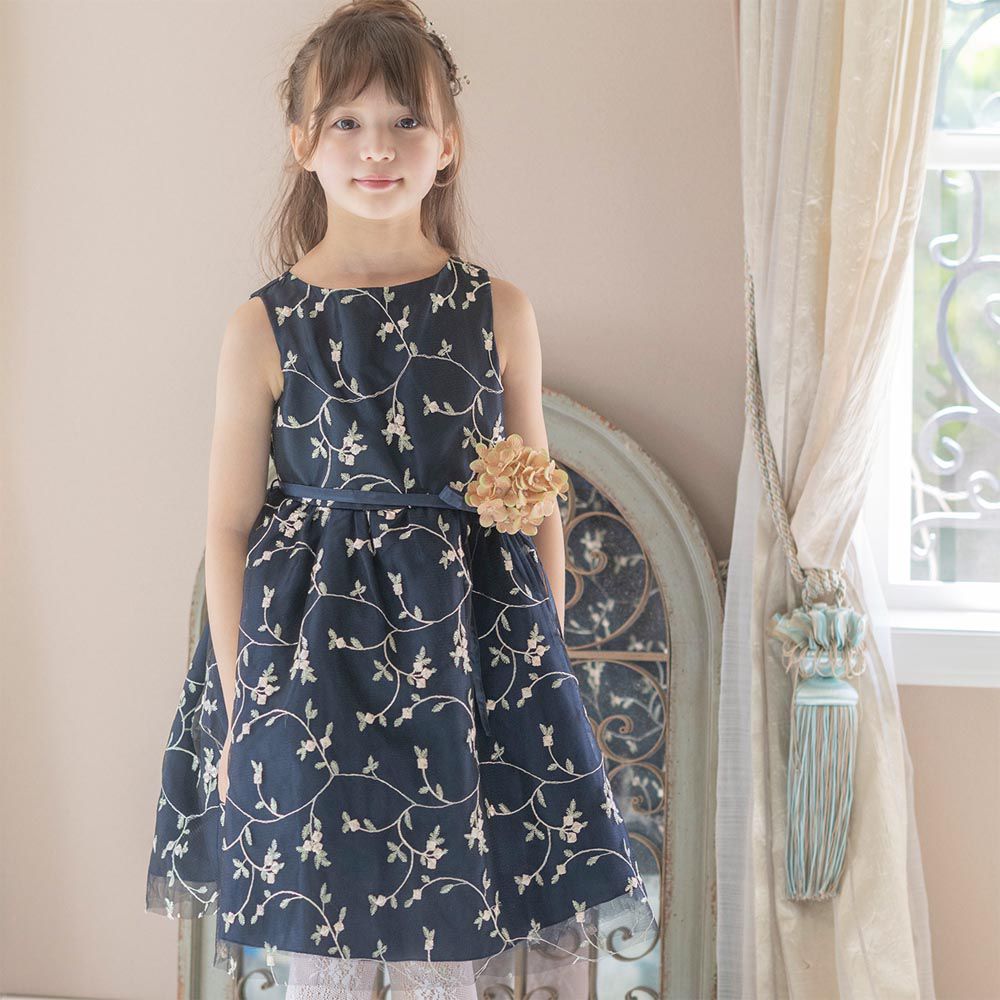 日本 Catherine Cottage - 精緻花朵刺繡薄紗洋裝/小禮服-附繡球花別針-海軍藍