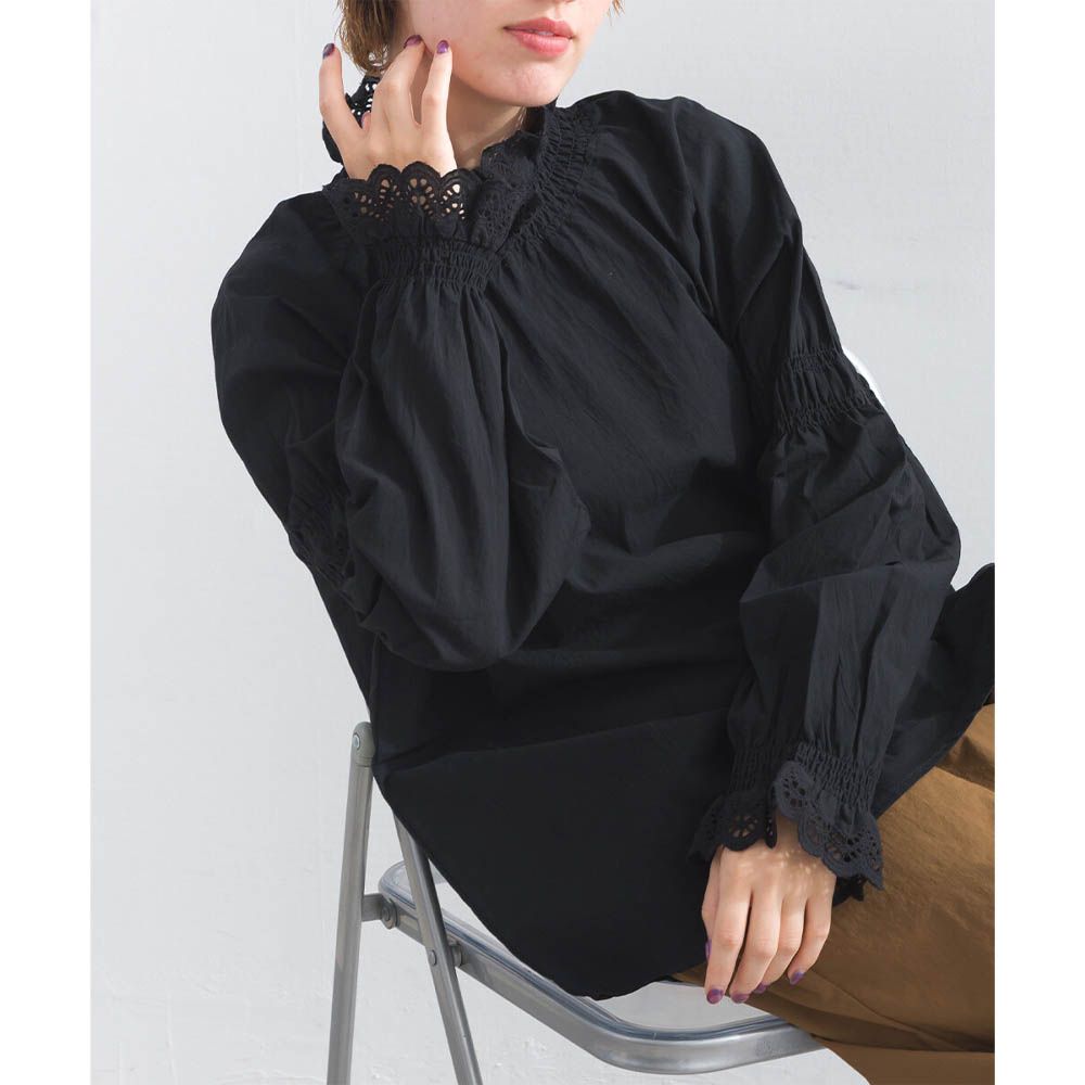 100%棉 典雅貝殼蕾絲宮廷長袖上衣-黑
