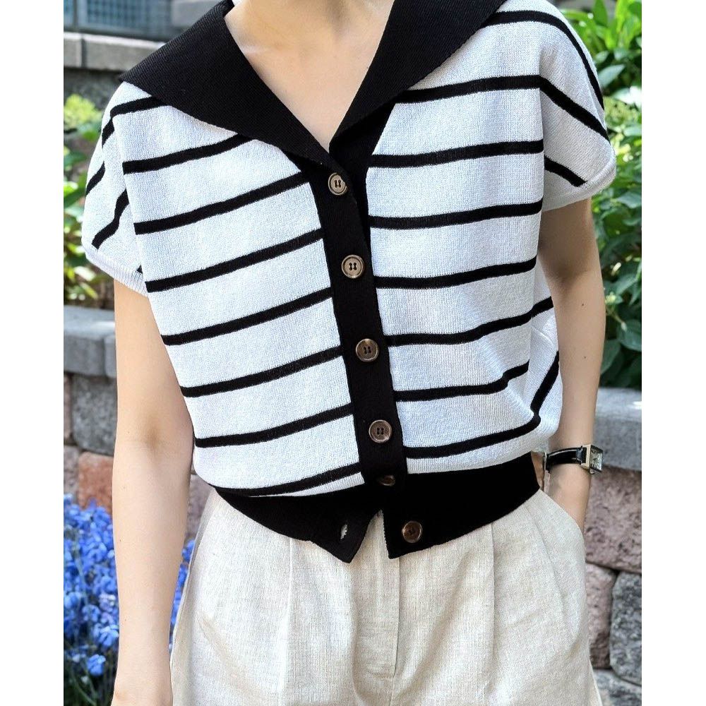 韓製 清爽棉麻排釦落肩短袖針織外套/上衣-條紋-黑 (FREE)