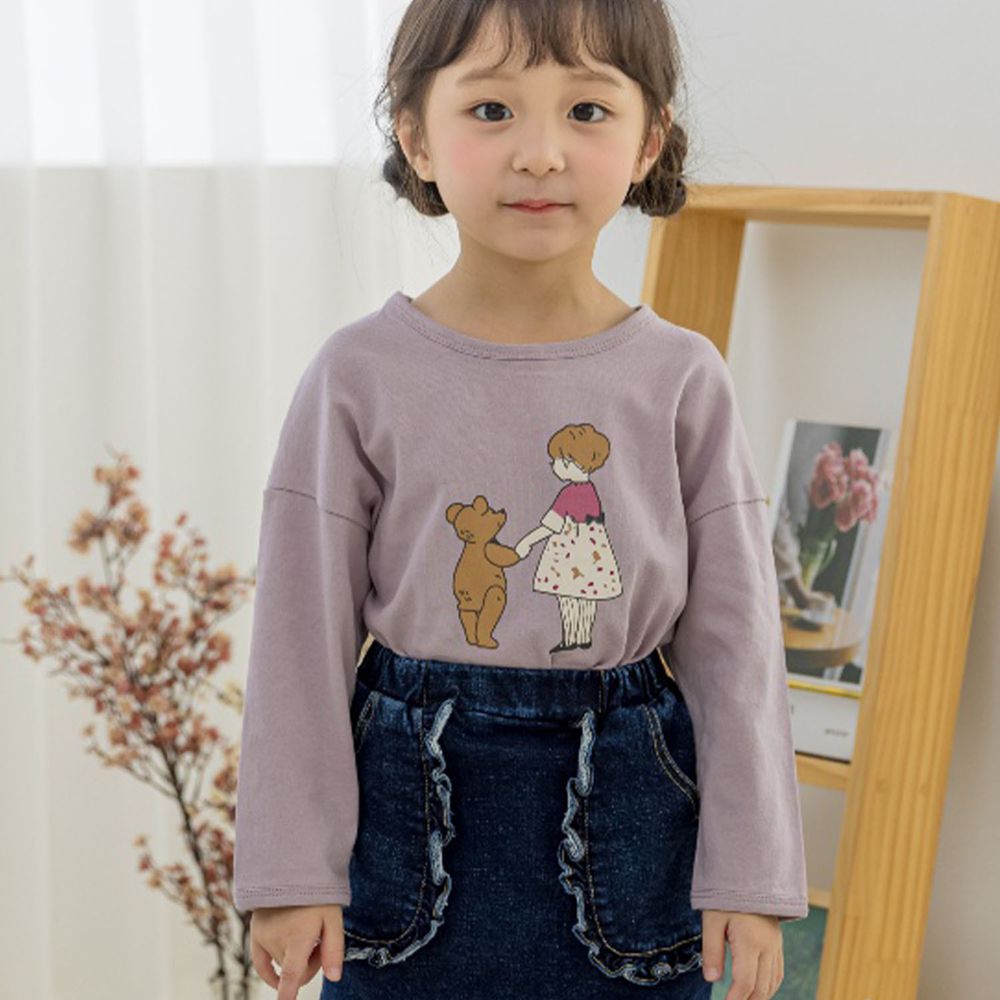 韓國 Orange Mom - 小熊與女孩薄棉T-淺紫