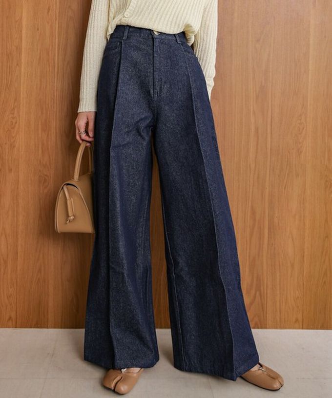 日本 Bab - 腳長效果 摺線丹寧印度棉寬褲-淺藍