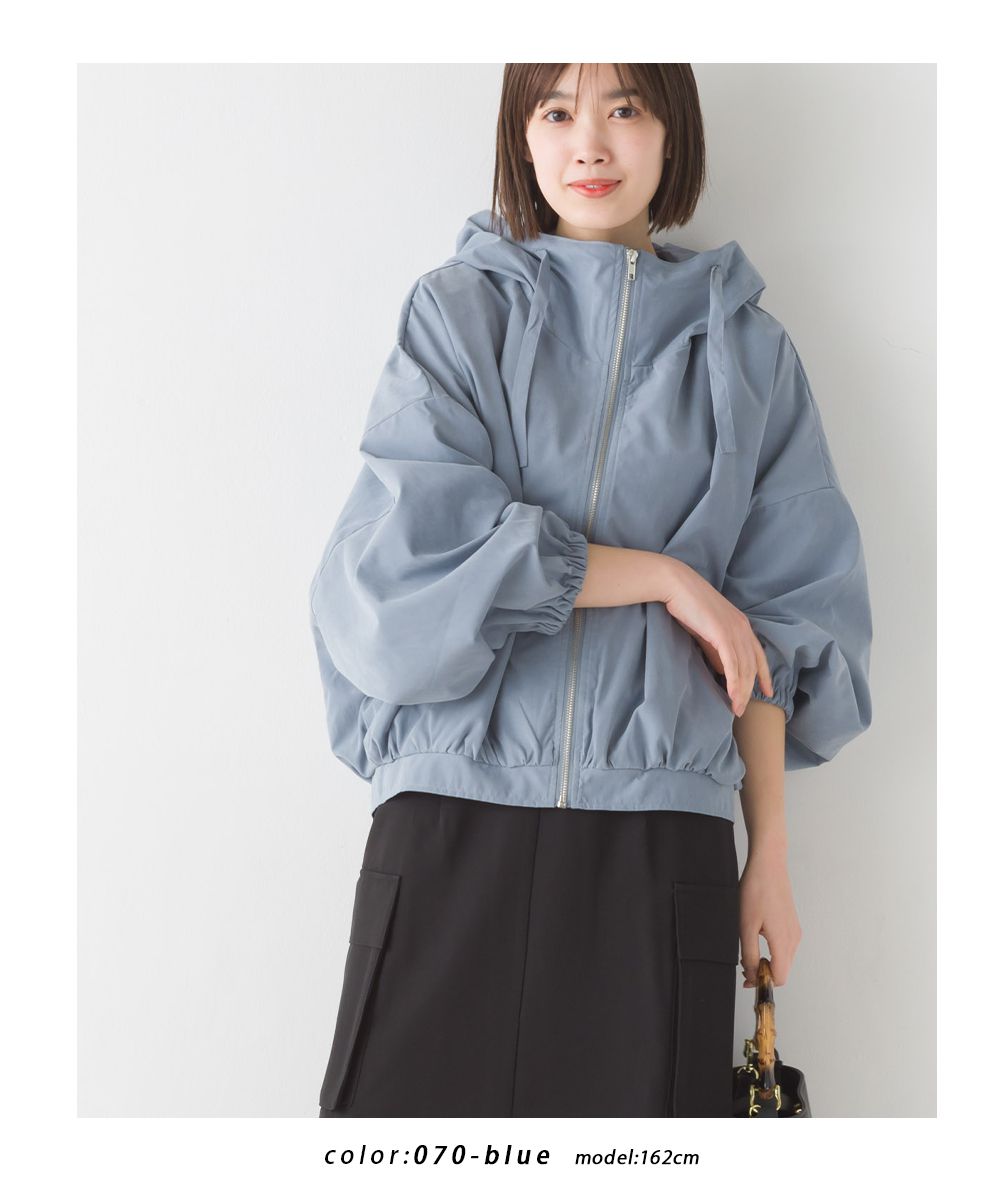 日本 OMNES - 短版澎澎袖風衣連帽外套-淺米杏