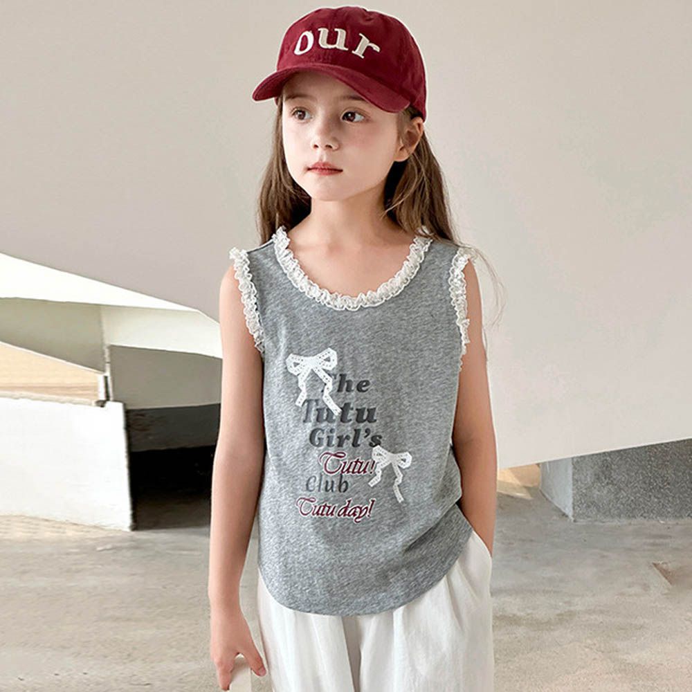 蕾絲花邊百搭彈性背心-蝴蝶結-淺灰