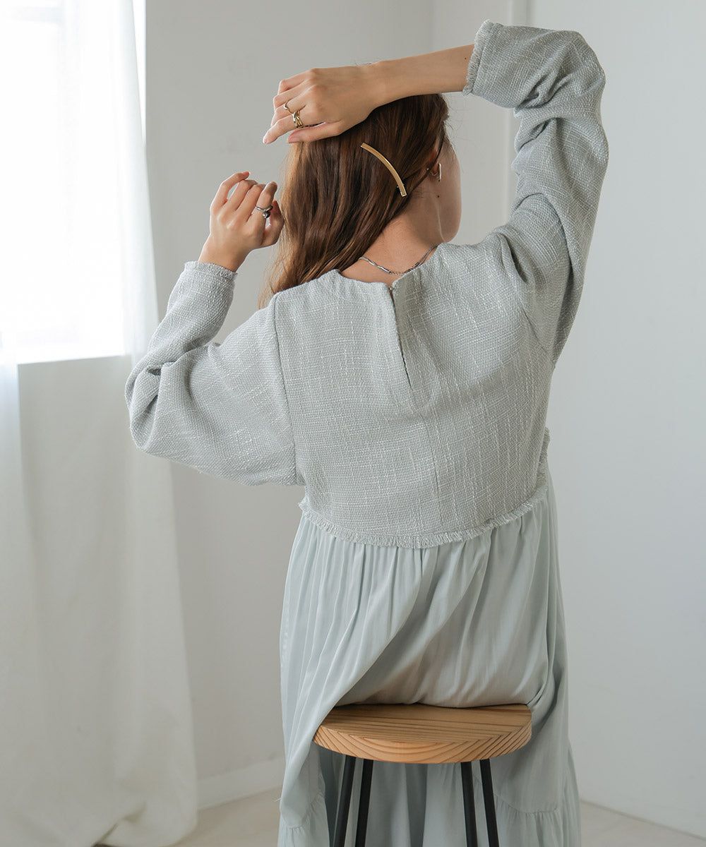 日本 Bab - 仙氣花呢異材質拼接長袖洋裝-黑