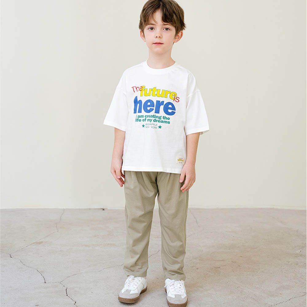 Future純棉短袖上衣X長褲套裝-白X灰卡其綠