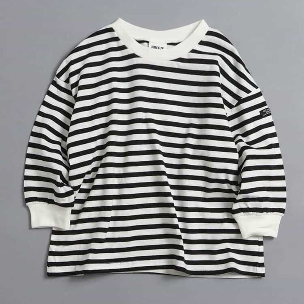 100%棉 定番款縮口長袖上衣-黑白條紋