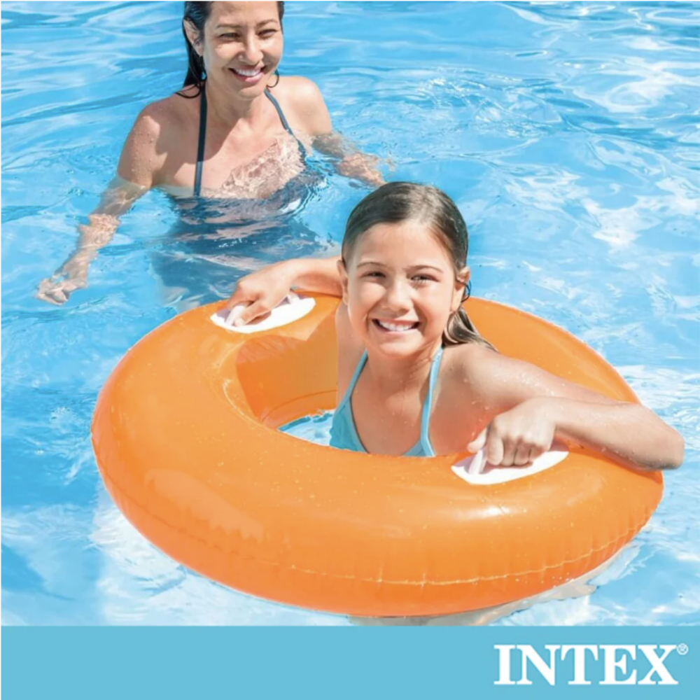 INTEX - 亮彩雙握把充氣泳圈-直徑76cm(59258)-桔色