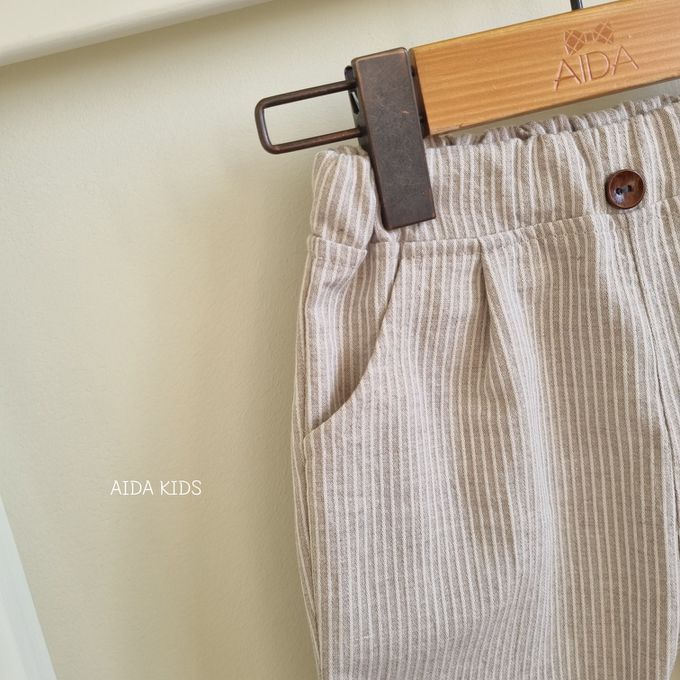 韓國 AIDA - 鬆緊腰直線紋路直筒長褲-米咖
