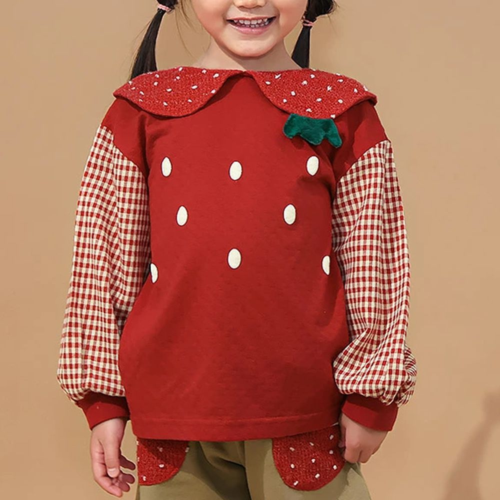 水果樂園 可愛草莓領口長袖上衣-紅