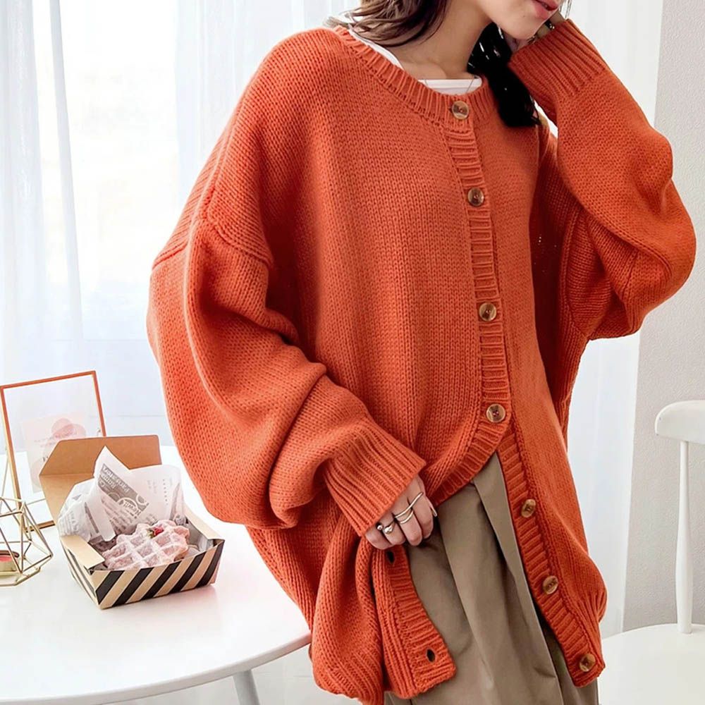 雙面穿寬鬆針織鈕釦開襟衫-亮橘