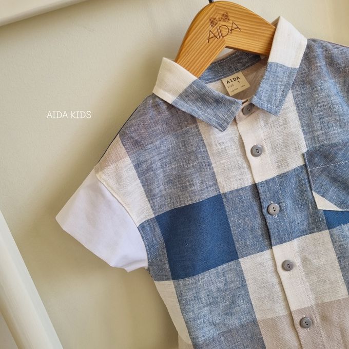 韓國 AIDA - 休閒風格子短袖翻領襯衫-藍X米