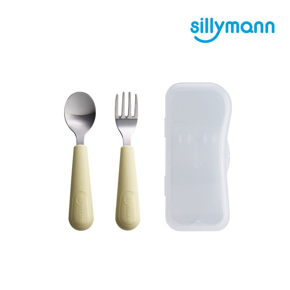 韓國 sillymann - 100%鉑金矽膠不鏽鋼幼童湯匙叉子餐具組-奶油黃-附收納盒