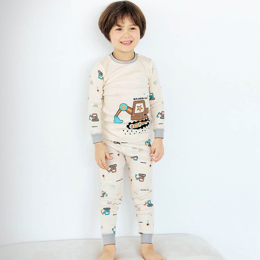 細緻柔棉彈性長袖家居服-星星挖土機-米膚