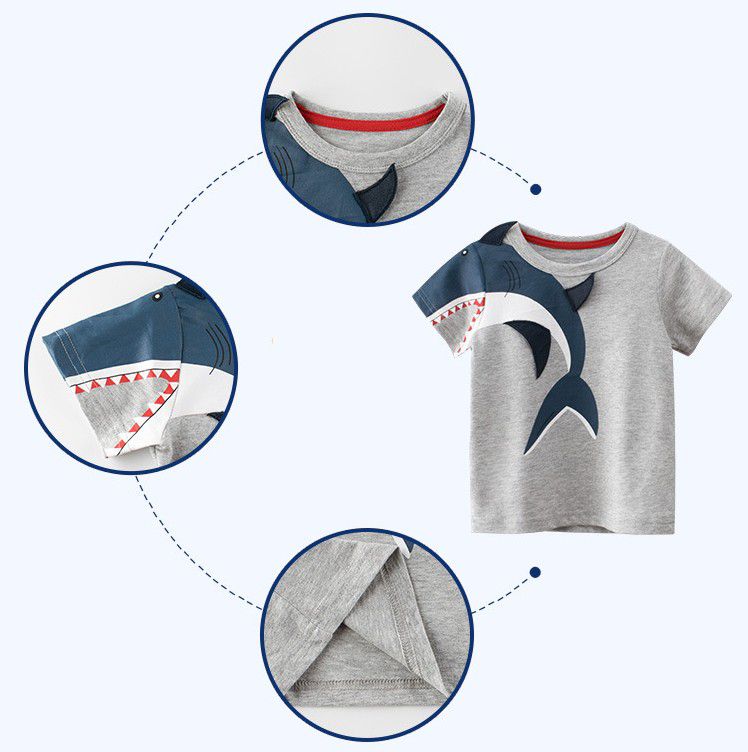 短袖棉T-3D鯊魚咬咬-灰色