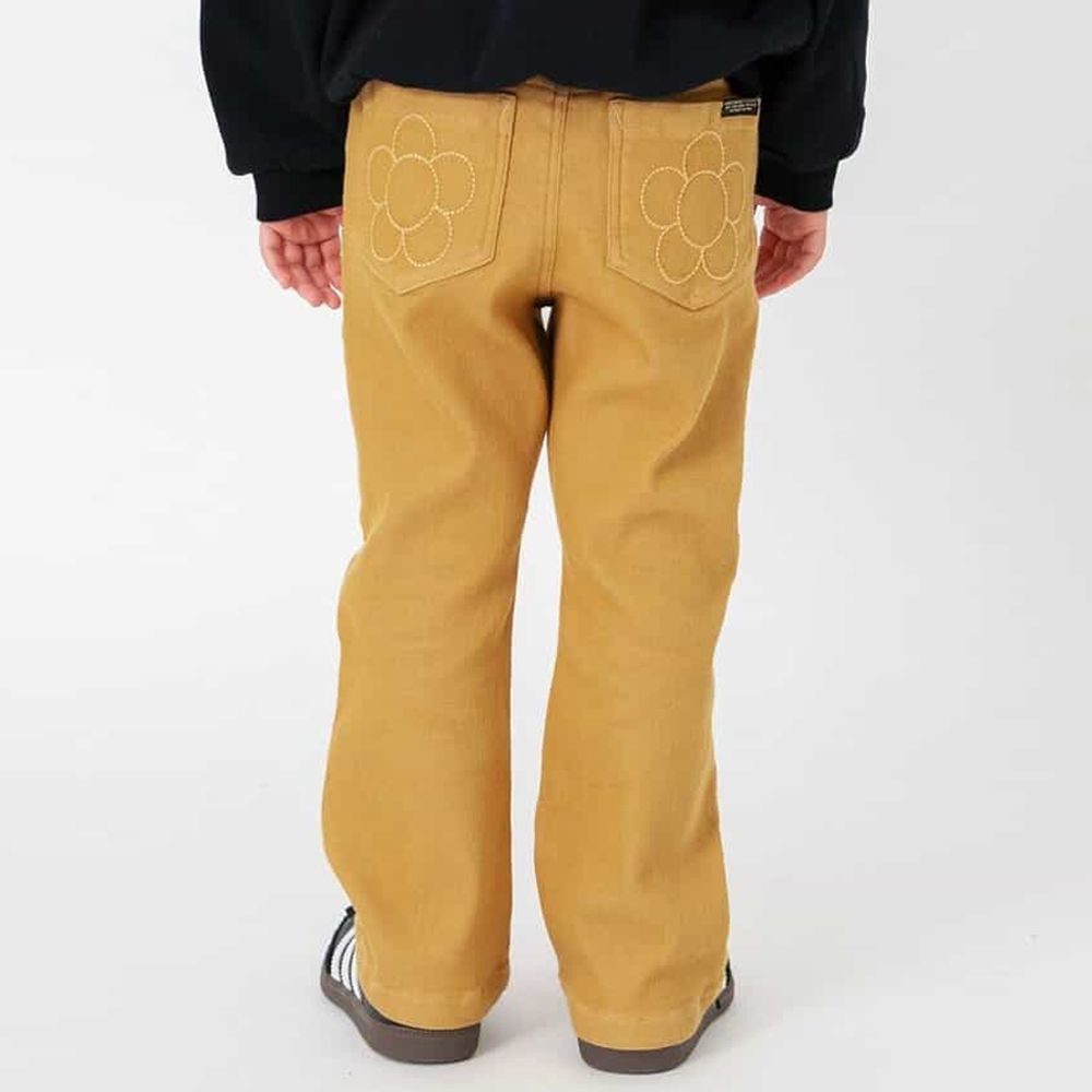 花朵口袋內刷毛美型小喇叭長褲-芥末黃