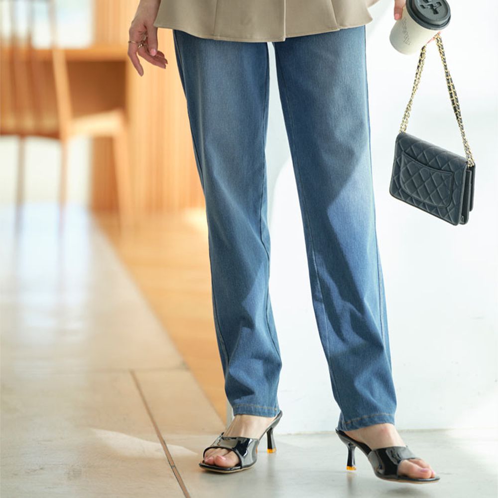 素肌感覺 全腰鬆緊彈性直筒丹寧褲-(可選長度)-中藍