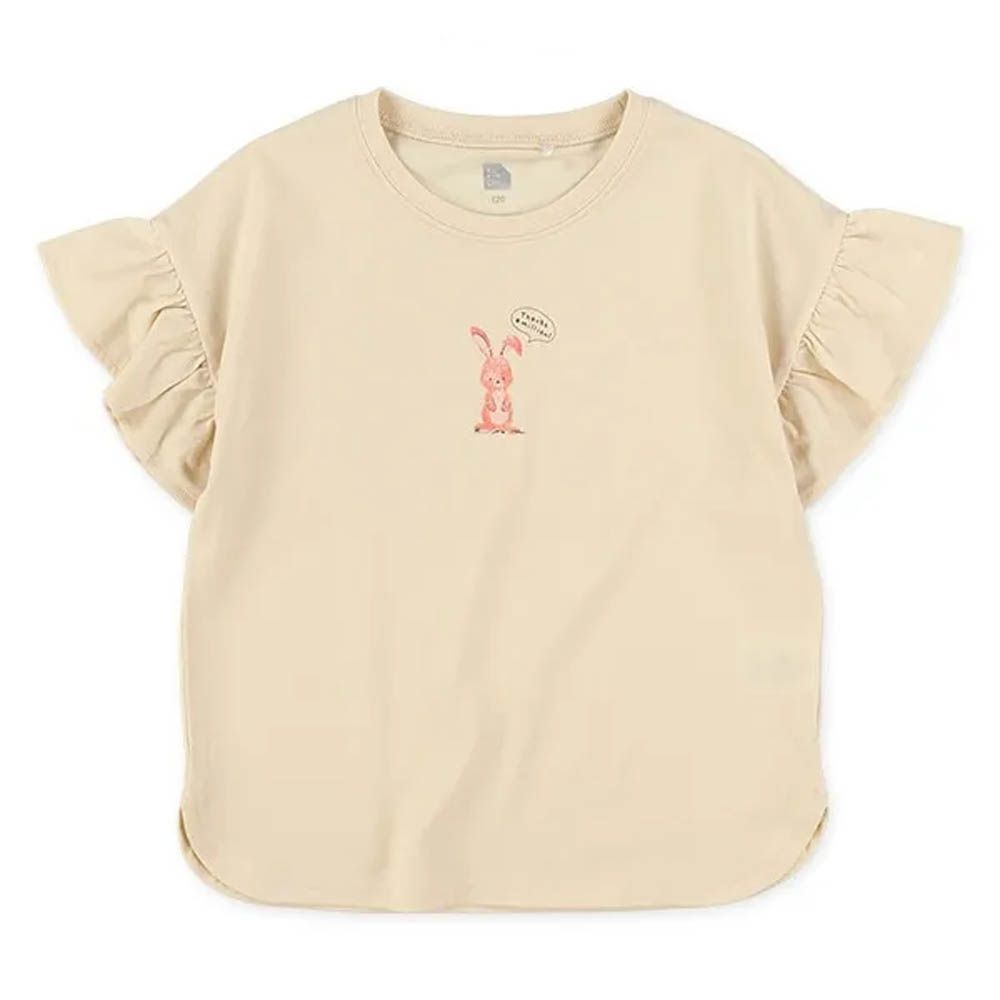可愛女孩荷葉袖印花上衣-兔子-米杏