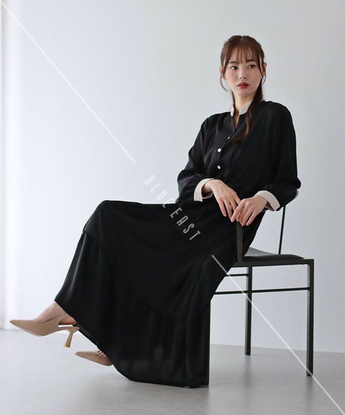 日本 BLUE EAST - [人氣款]簡約抽繩收腰長袖洋裝-古典花-黑