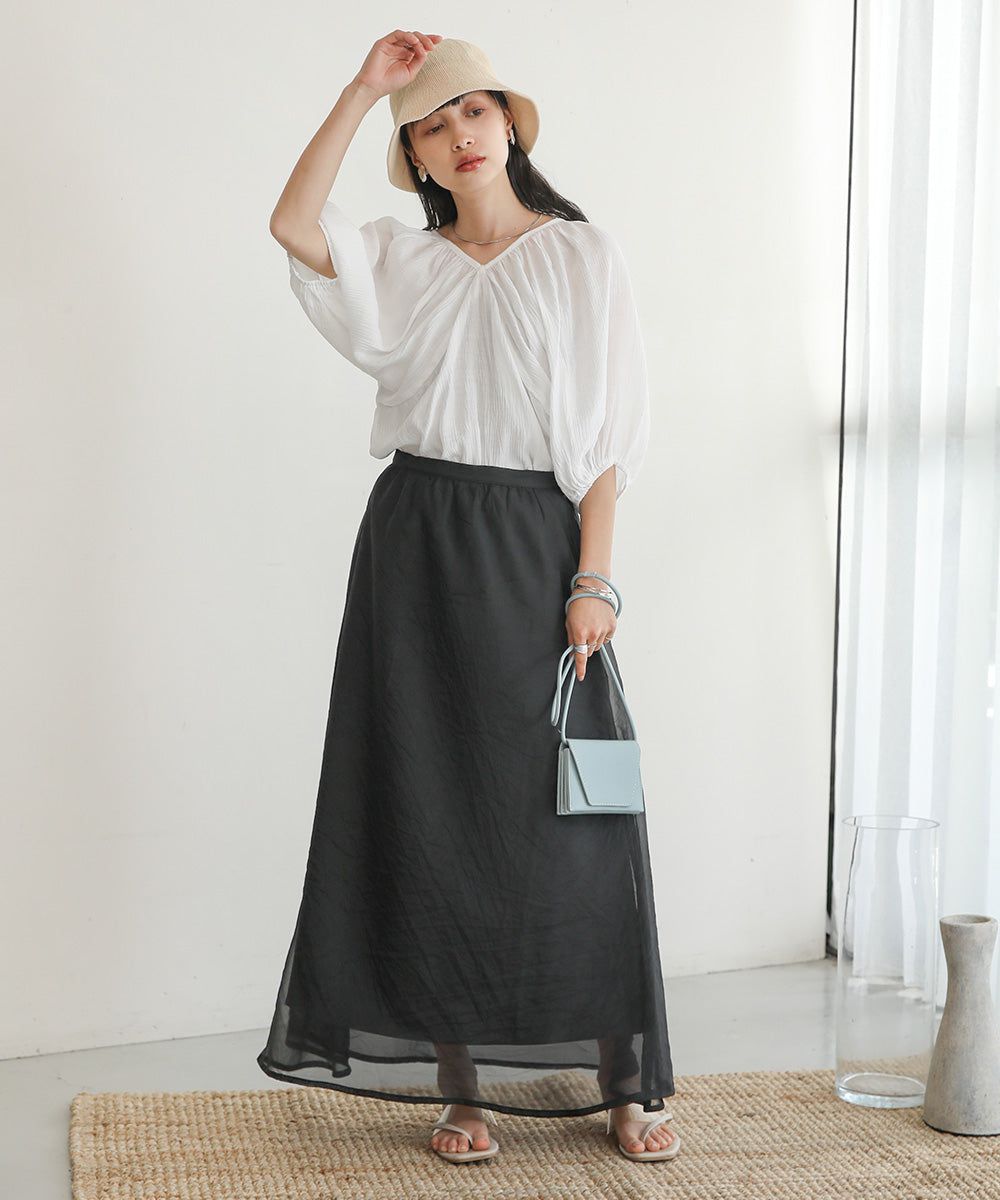 日本 Bab - 嫘縈後綁帶氣球袖上衣-咖啡