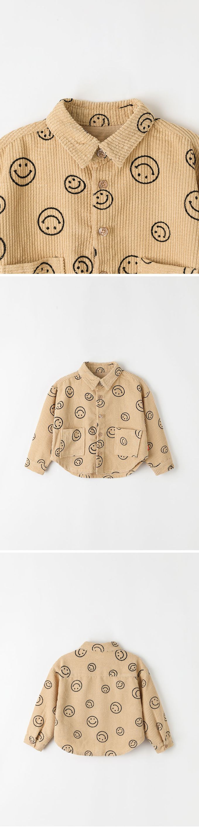 韓國 OZKIZ - 圓形笑臉印燈芯絨翻領長袖襯衫-卡其