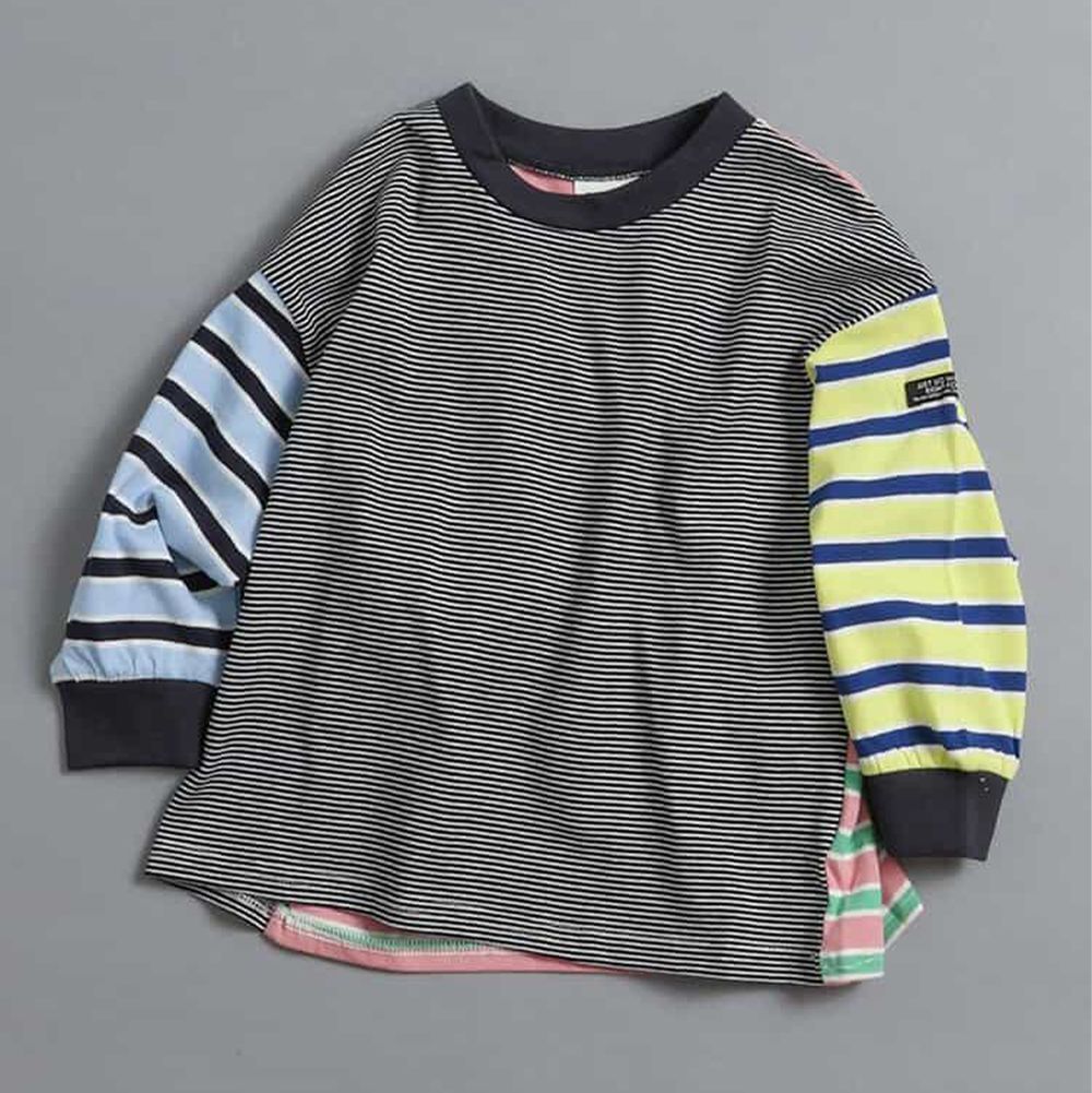 100%棉 定番款縮口長袖上衣-黃藍條紋撞色-黑粉紅