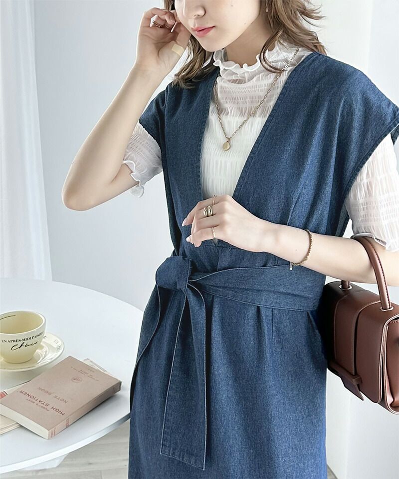 日本 Classical Elf - 丹寧前綁帶V領設計背心裙-黑