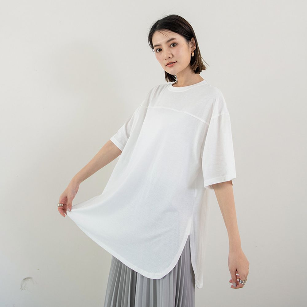 圓領休閒側開衩長版上衣-白色 (F)