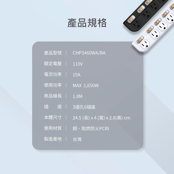 Philips 飛利浦 - 6開6座延長線 1.8M 兩入組-CHP3460 白色