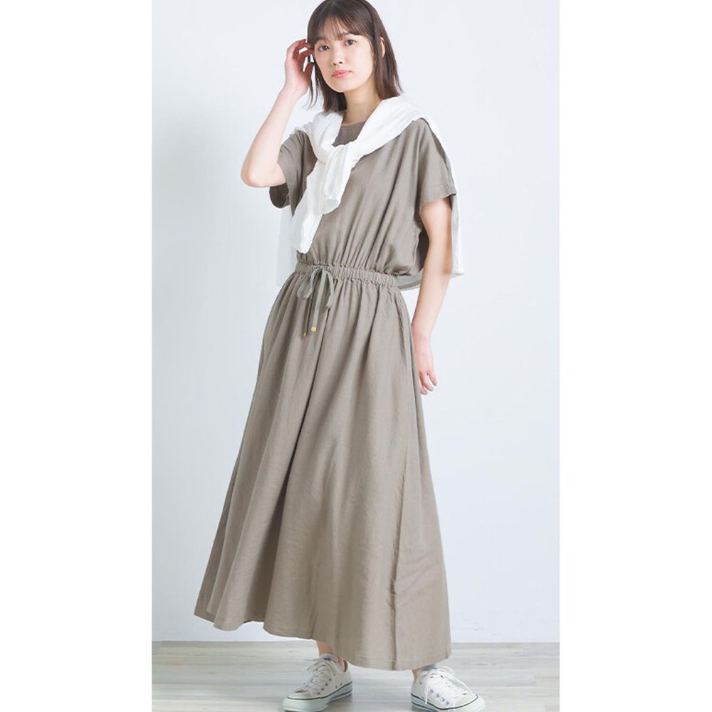 日本 OMNES - 嫘縈混麻涼爽縮腰短袖洋裝-軍綠