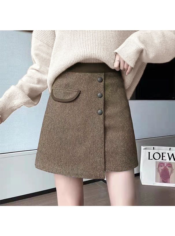 日本 GRL - 不規則裙擺排釦毛呢短裙(附安全褲內襯)-黑