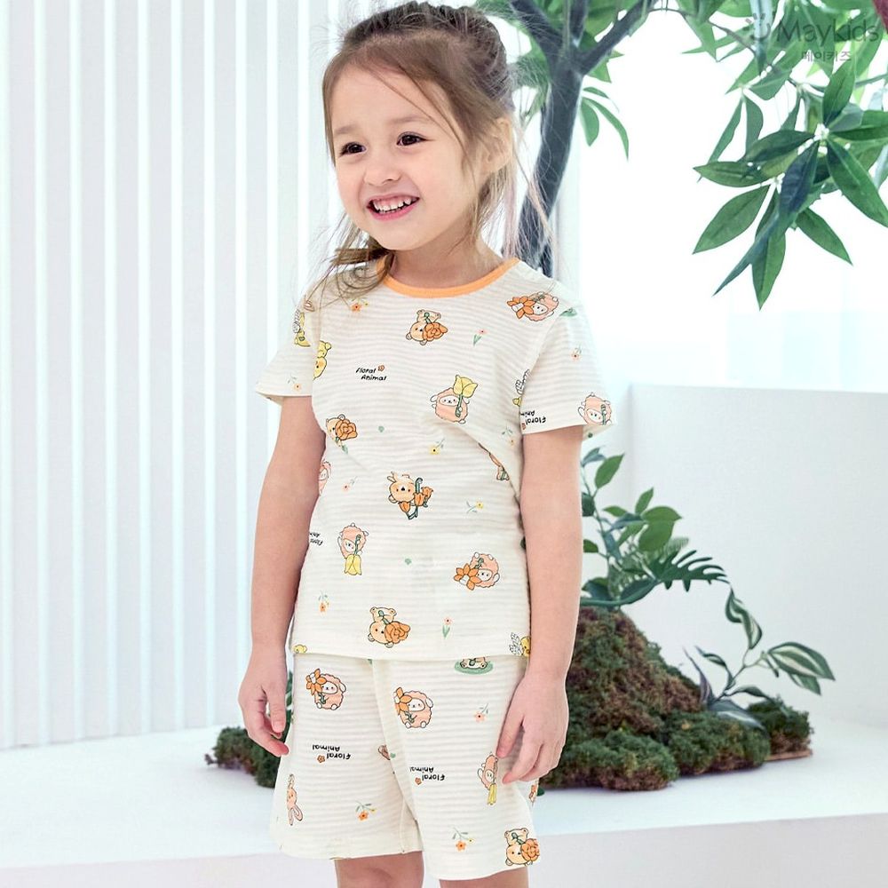 透氣條紋提花棉短袖家居服-萌趣花朵動物-米黃