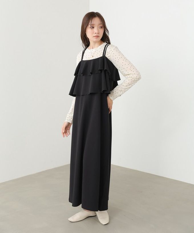 日本 Bab - 優雅綁帶層疊喬其紗細肩帶洋裝-摩卡