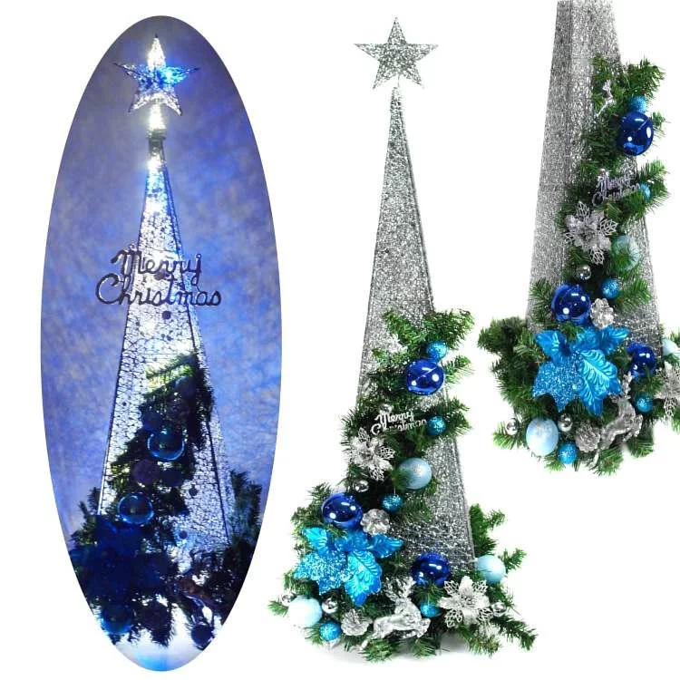 MODACore 摩達客 - 耶誕-台灣製3尺/3呎(90cm)銀藍色系聖誕裝飾四角樹塔聖誕樹+LED50燈插電式燈串(藍白光)附贈IC控制器