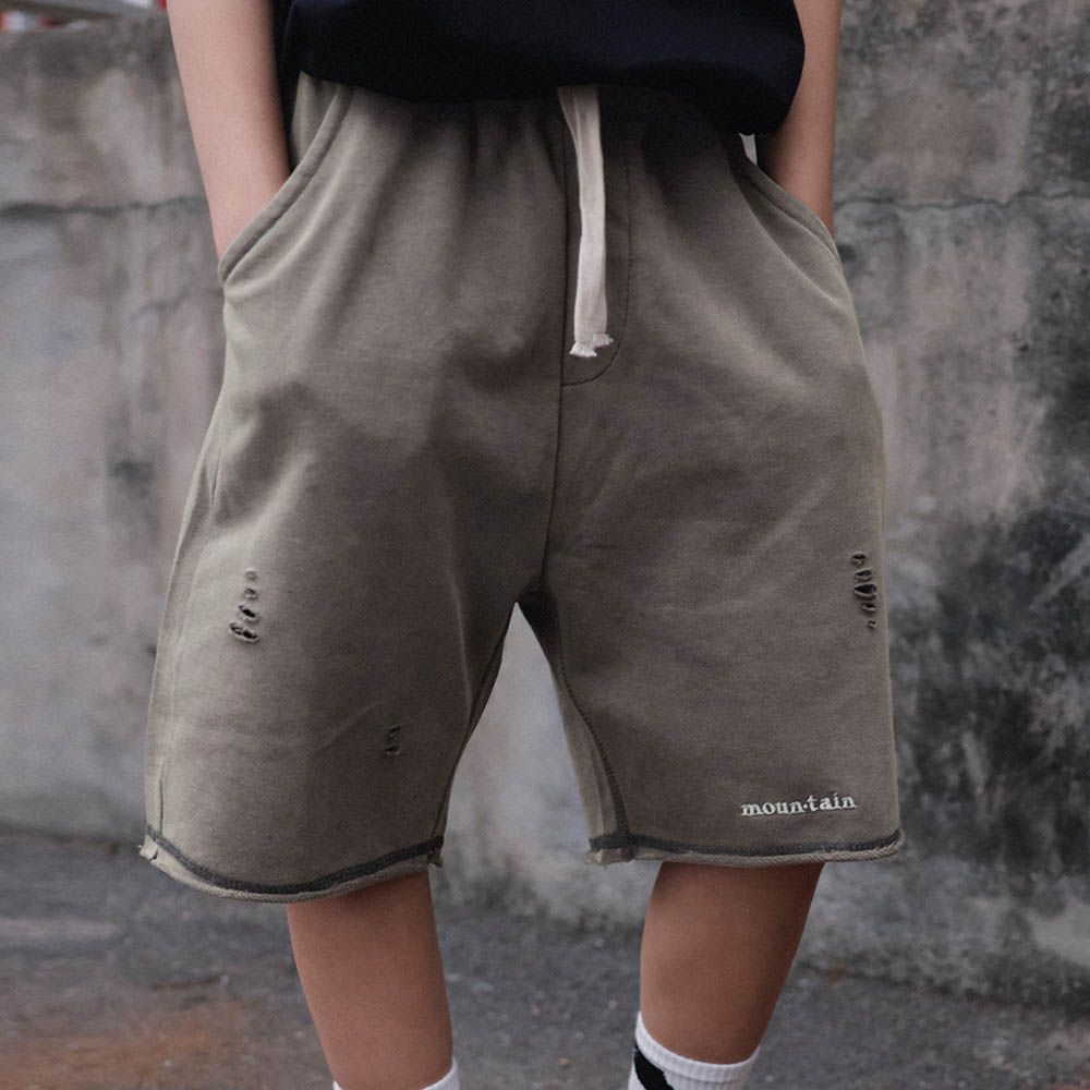 腰鬆緊百搭休閒五分褲-潮流破洞-灰綠