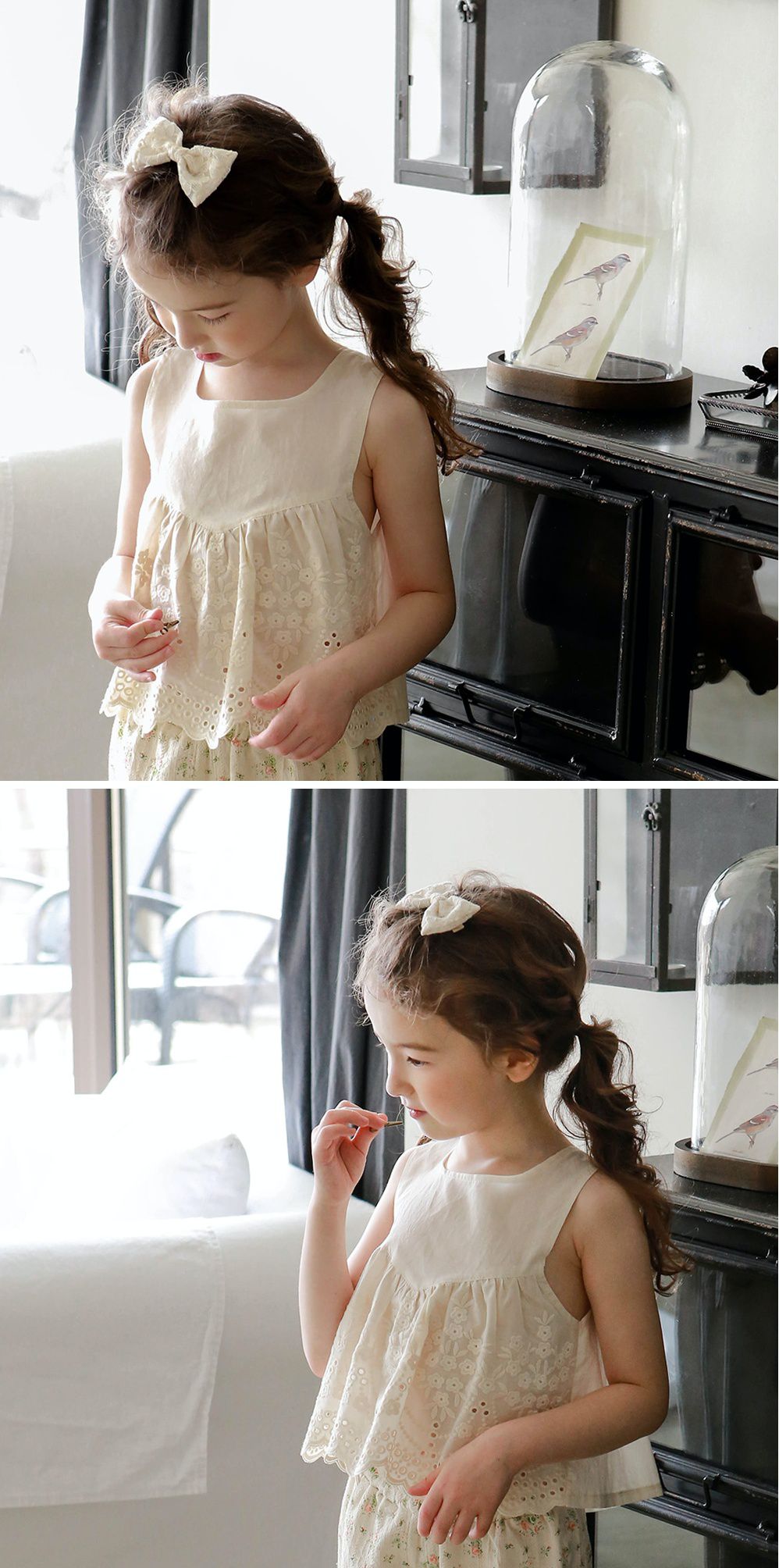 韓國 PuellaFLO - 蕾絲刺繡花朵蝴蝶結髮飾/髮夾-米白