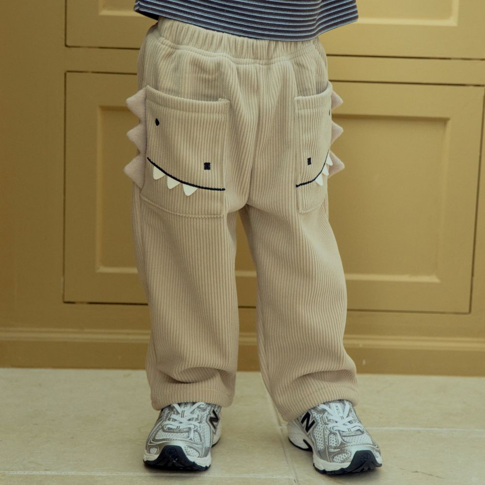 First Blue (內磨毛)鬆緊腰口袋恐龍燈芯絨長褲-淺灰