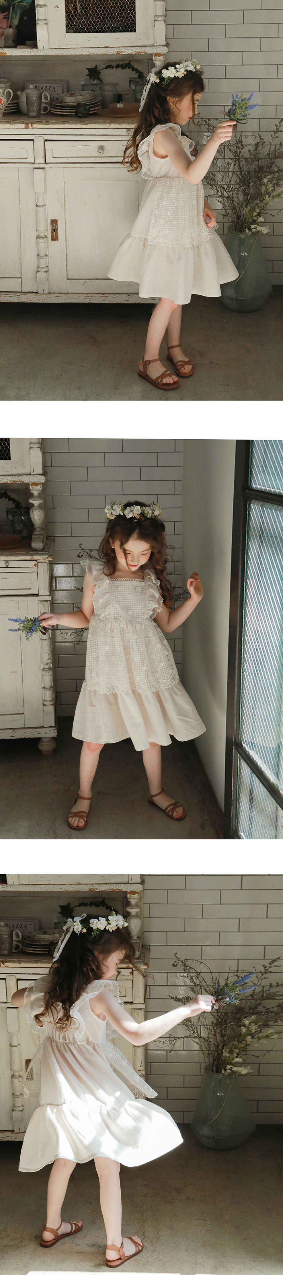 韓國 PuellaFLO - 假兩件格子花朵圍裙洋裝-米白