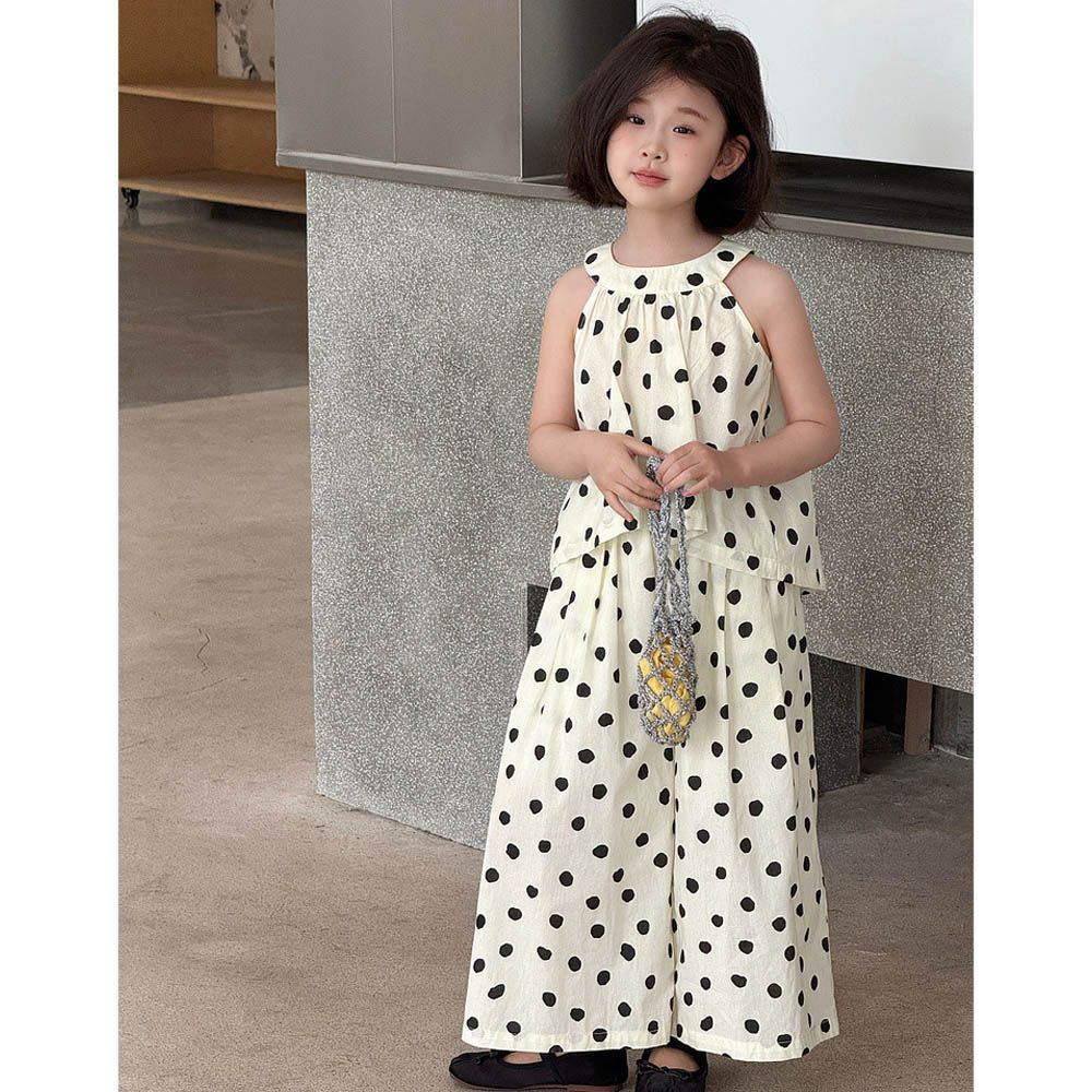 法式削肩背心+寬褲套裝-點點-米杏